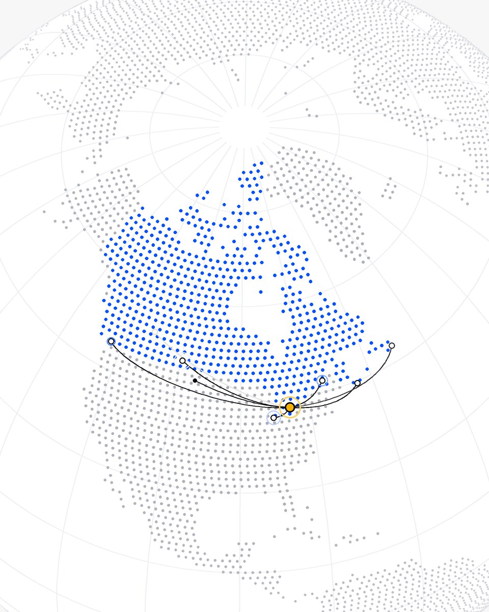 A globe centred on Canada, with lines connecting Toronto to client cities from Vancouver to St. John's and Windsor